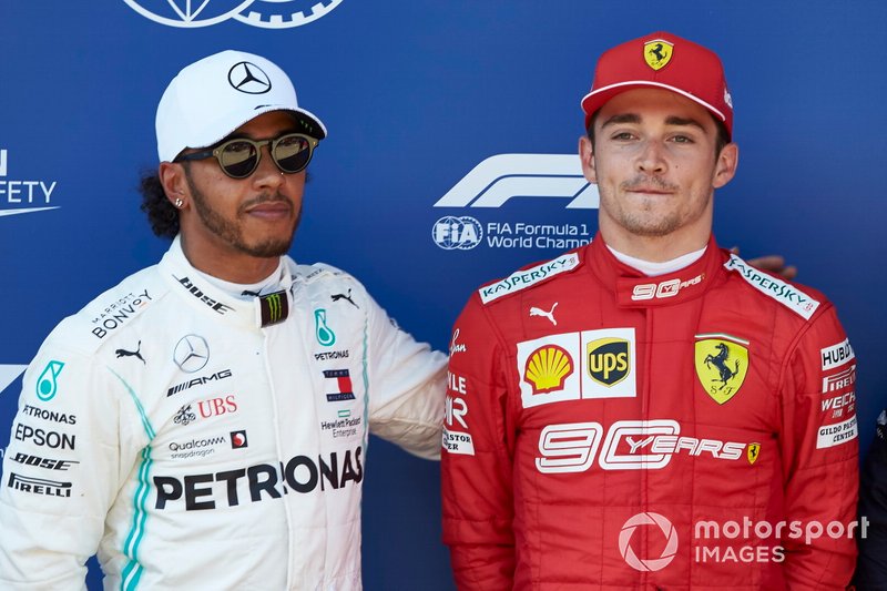 Front row starters Lewis Hamilton, Mercedes AMG F1, and Pole sitter Charles Leclerc, Ferrari