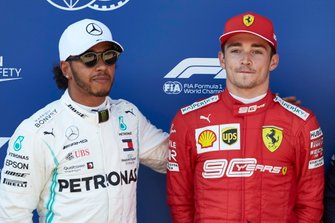Front row starters Lewis Hamilton, Mercedes AMG F1, and Pole sitter Charles Leclerc, Ferrari