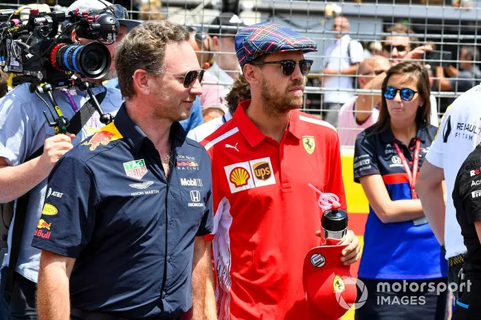 Christian Horner, director, Red Bull Racing, con Sebastian Vettel, Ferrari