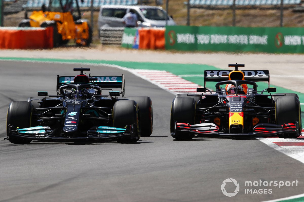 Lewis Hamilton, Mercedes W12, battles with Max Verstappen, Red Bull Racing RB16B