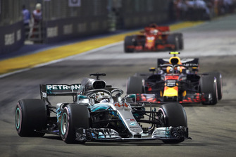 Lewis Hamilton, Mercedes AMG F1 W09 EQ Power+, leads Max Verstappen, Red Bull Racing RB14
