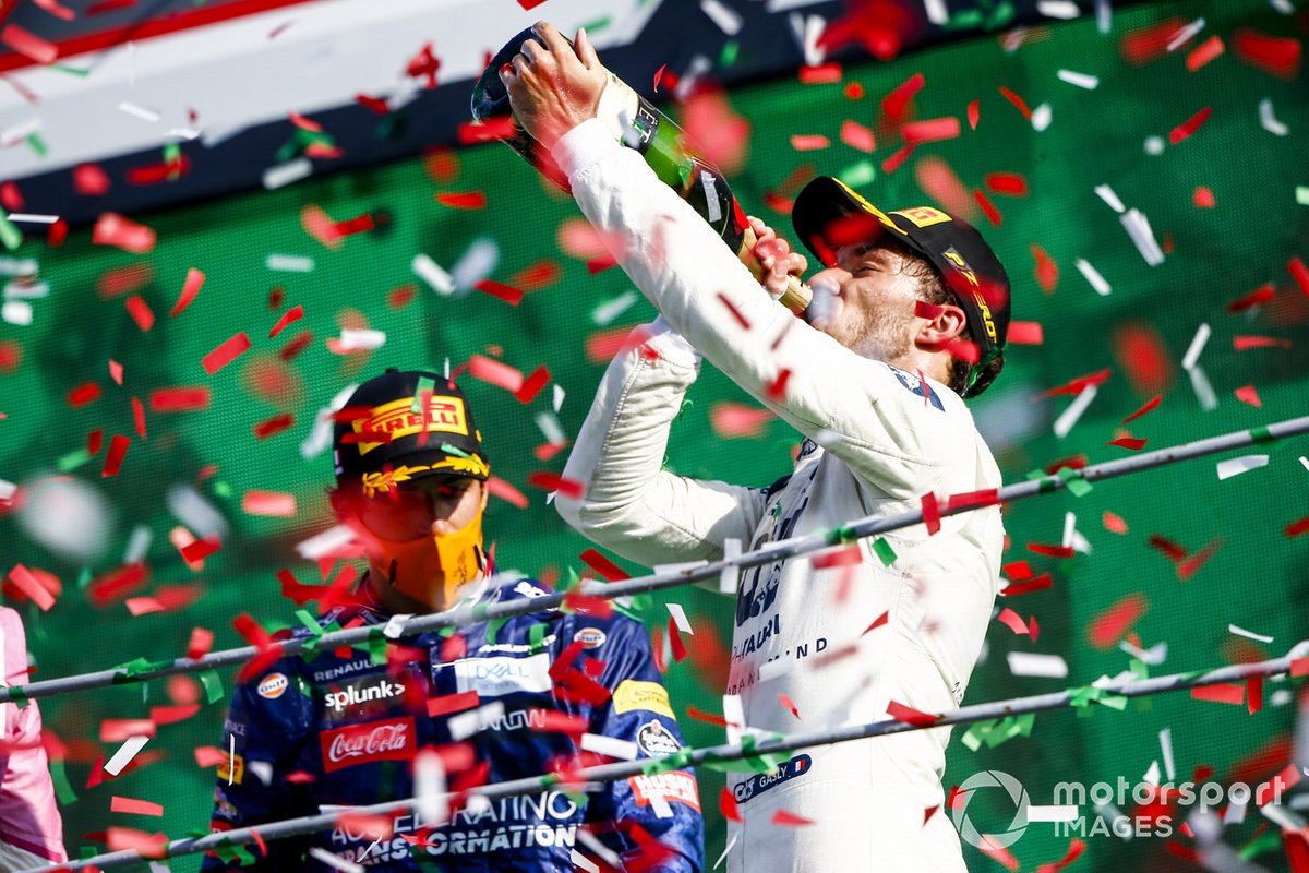 Pierre Gasly, AlphaTauri, 1st position, drinks Champagne on the podium
