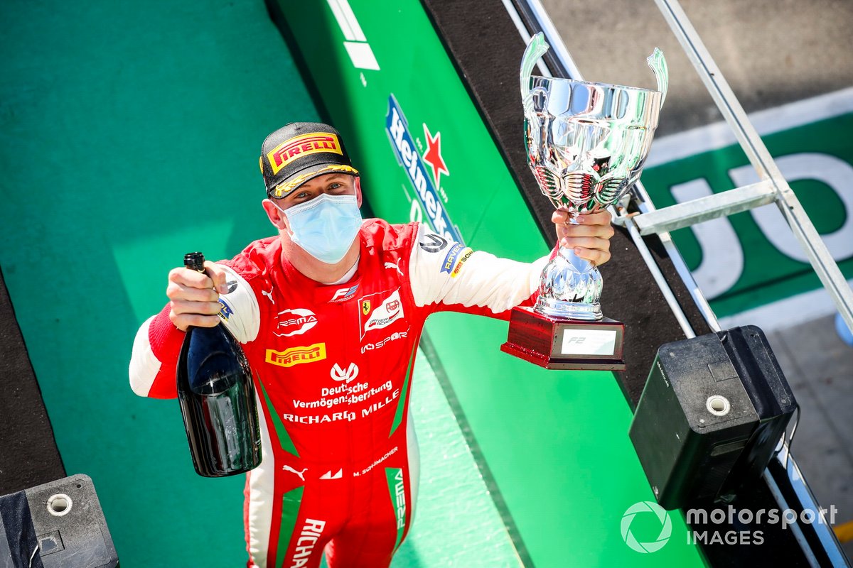 Race winner Mick Schumacher, Prema Racing celebrates on the podium with the trophy and the champagne