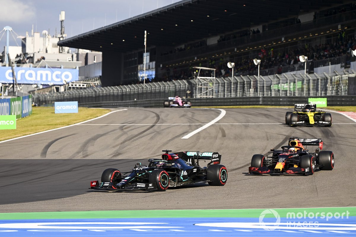 Lewis Hamilton, Mercedes F1 W11, Max Verstappen, Red Bull Racing RB16 and Daniel Ricciardo, Renault F1 Team R.S.20