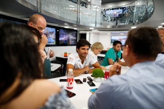 Carlos Sainz Jr., McLaren, talks to the media