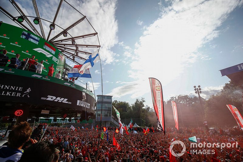 Valtteri Bottas, Mercedes AMG F1, Race winner Charles Leclerc, Ferrari and Lewis Hamilton, Mercedes AMG F1 celebrate on the podium