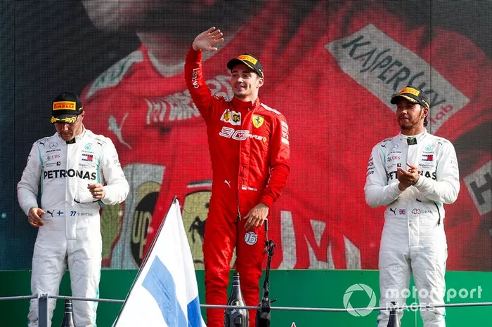 Valtteri Bottas, Mercedes AMG W10, Race Winner Charles Leclerc, Ferrari and Lewis Hamilton, Mercedes AMG F1 on the podium