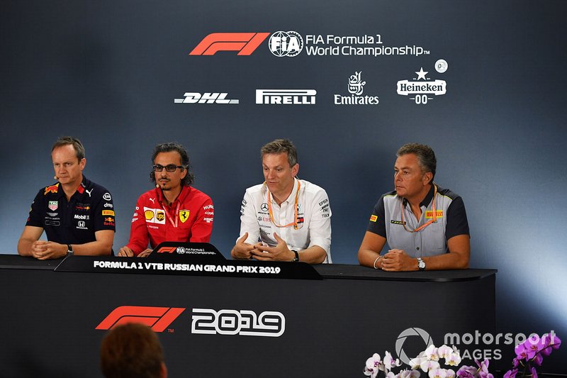 Press conference: Paul Monaghan, Chief Engineer, Red Bull Racing, Laurent Mekies, Sporting Director, Ferrari, James Allison, Technical Director, Mercedes AMG, and Mario Isola, Racing Manager, Pirelli Motorsport