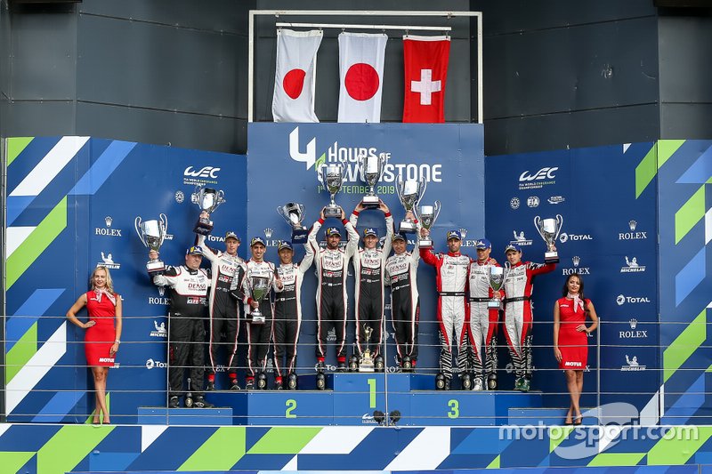 #7 TOYOTA GAZOO RACING - Toyota TS050 - Hybrid: Mike Conway, Kamui Kobayashi, Jose Maria Lopez, #8 TOYOTA GAZOO RACING - Toyota TS050 - Hybrid: Sebastien Buemi, Kazuki Nakajima, Brendon Hartley, #3 REBELLION RACING - Rebellion R13 - Gibson: Loic Duval, Pipo Derani, Nathanael Berthon, Podium