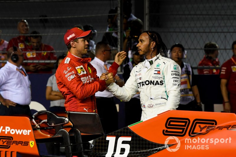 Sebastian Vettel, Ferrari, and Lewis Hamilton, Mercedes AMG F1