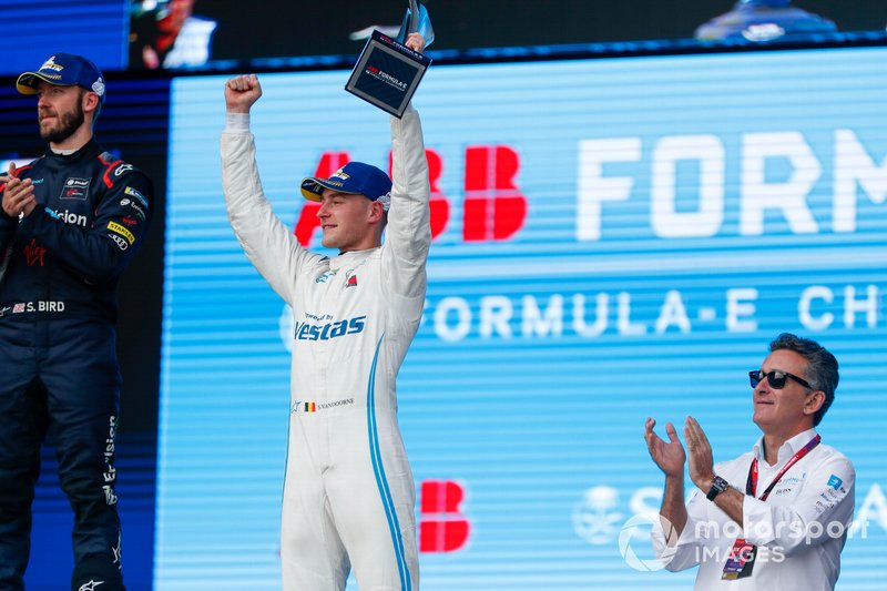 Stoffel Vandoorne, Mercedes Benz EQ, 3rd position, celebrates with his trophy on the podium