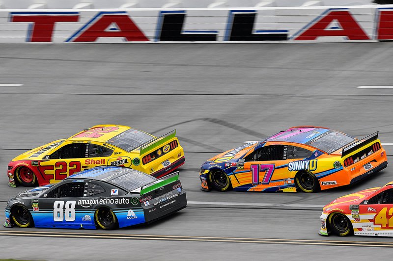 Alex Bowman, Hendrick Motorsports, Chevrolet Camaro Nationwide / Amazon Echo Auto, Joey Logano, Team Penske, Ford Mustang Shell Pennzoil, and Ricky Stenhouse Jr., Roush Fenway Racing, Ford Mustang SunnyD