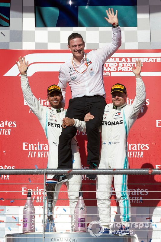 World champion Lewis Hamilton, Mercedes AMG F1, celebrates on the podium with Valtteri Bottas, Mercedes AMG F1 and James Allison, Technical Director, Mercedes AMG