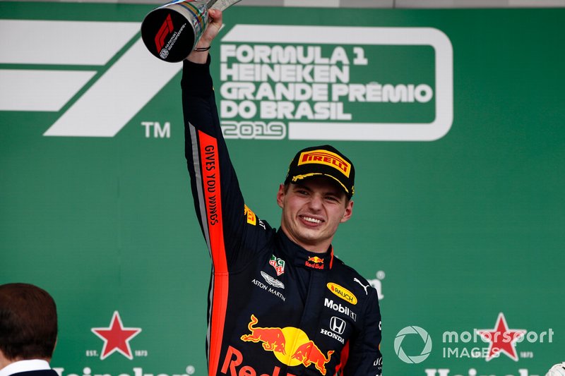 Max Verstappen, Red Bull Racing, 1st position, celebrates on the podium with his trophy