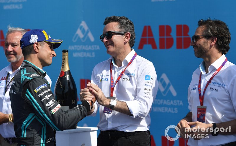 Mitch Evans, Jaguar Racing, 3rd position, with Alejandro Agag, Chairman of Formula E on the podium