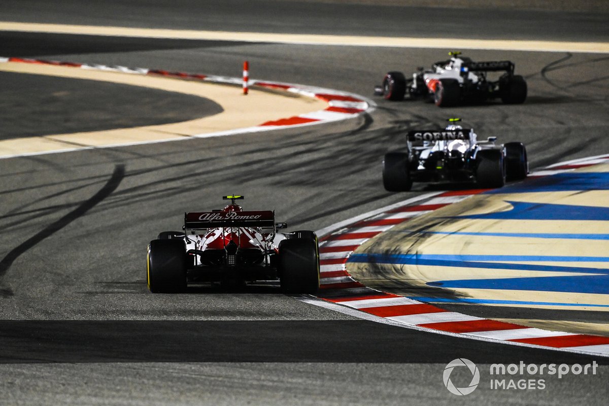 Kevin Magnussen, Haas VF-20, Nicholas Latifi, Williams FW43, and Antonio Giovinazzi, Alfa Romeo Racing C39