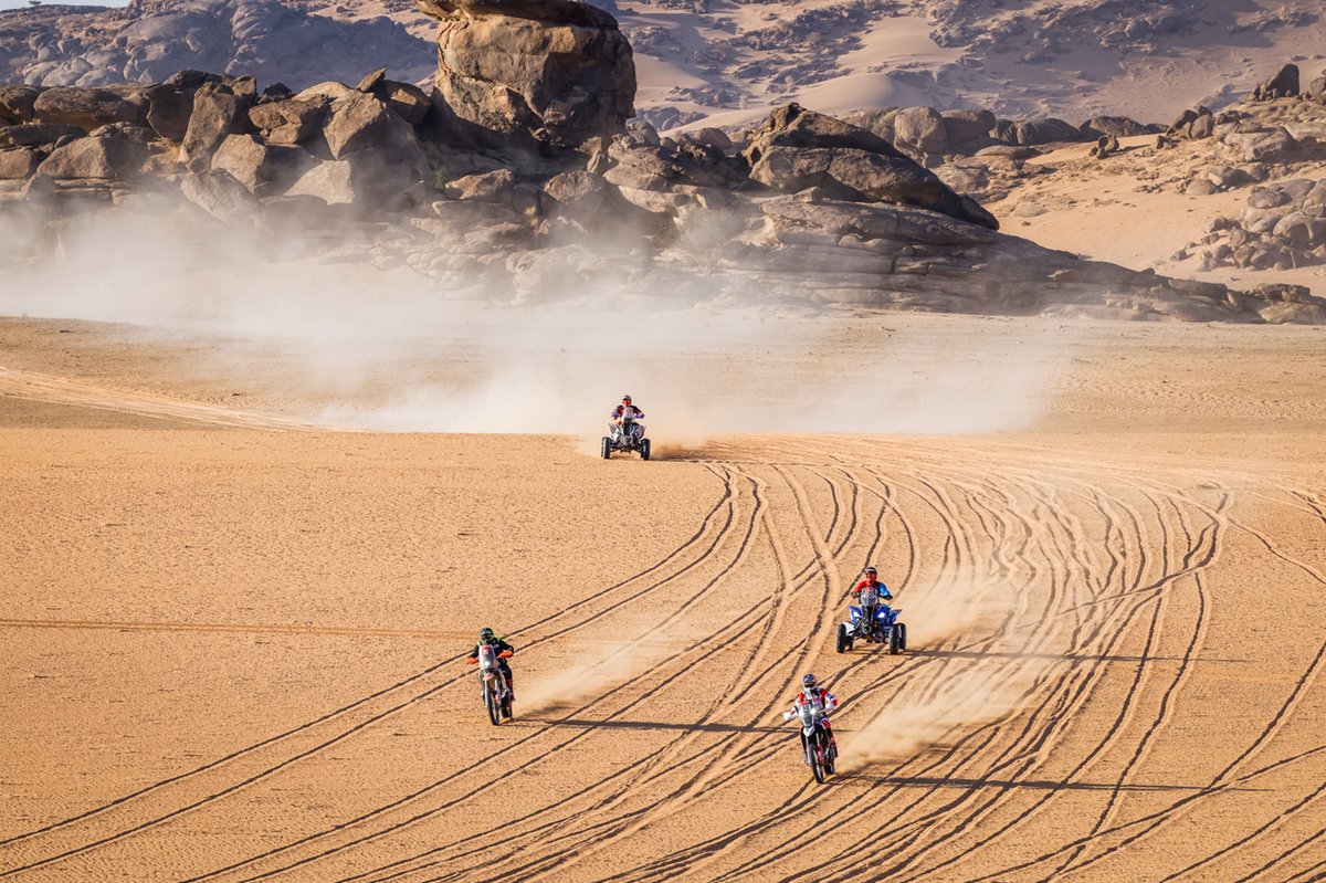 #76 Bo!Beton Team KTM: Roman Krejgi, #50 Hero Motorsports Team Rally: C. S. Santosh, #150 Dragon Rally Team Yamaha: Nicolas Cavigliasso, #163 MX Devesa by Berta Yamaha: Pablo Copetti