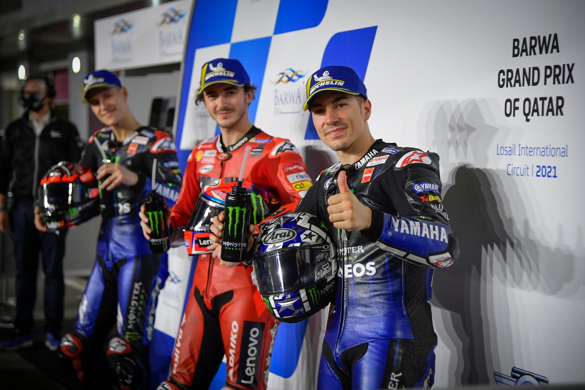 La primera fila de la parrilla de MotoGP para el GP de Qatar: Fabio Quartararo, Yamaha Factory Racing, Francesco Bagnaia, Ducati Team
