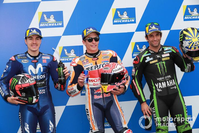 Poleman Marc Marquez, Repsol Honda Team, segundo clasificado Maverick Viñales, Yamaha Factory Racing, tercer clasificado Johann Zarco, Monster Yamaha Tech 3