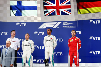 James Allison, Technical Director, Mercedes AMG, second place Valtteri Bottas, Mercedes AMG F1, Race winner Lewis Hamilton, Mercedes AMG F1, third place Sebastian Vettel, Ferrari, on the podium