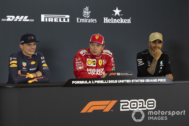 Max Verstappen, Red Bull Racing, Kimi Raikkonen, Ferrari ve Lewis Hamilton, Mercedes AMG F1, basın toplantısında