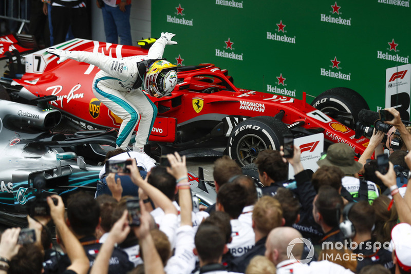 Lewis Hamilton, Mercedes AMG F1, celebrates victory in parc ferme.