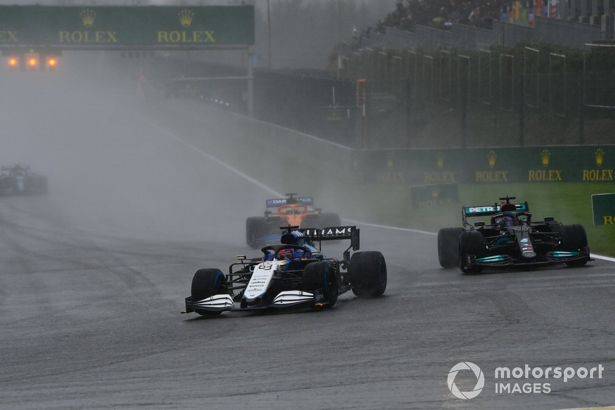 George Russell, Williams FW43B, Sir Lewis Hamilton, Mercedes W12, and Daniel Ricciardo, McLaren MCL35M