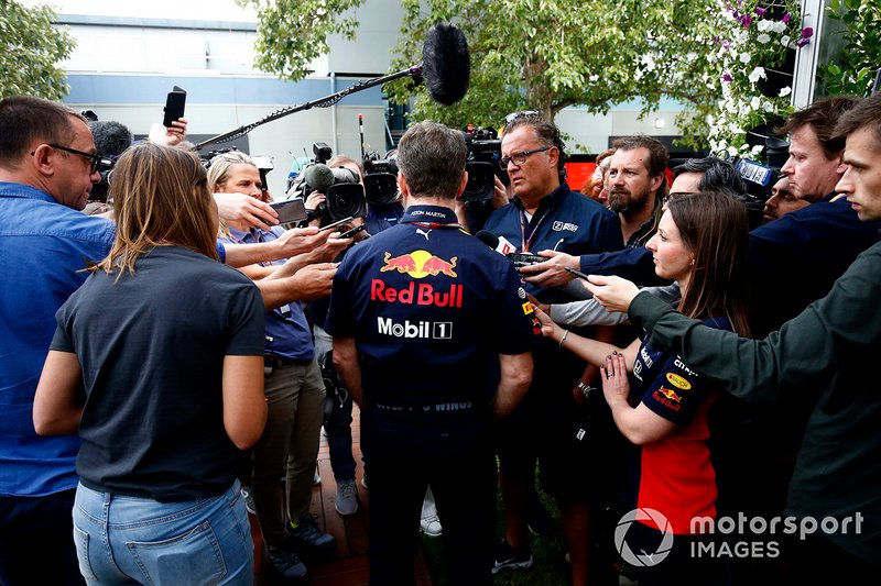 Christian Horner, Team Principal, Red Bull Racing talks to the press 