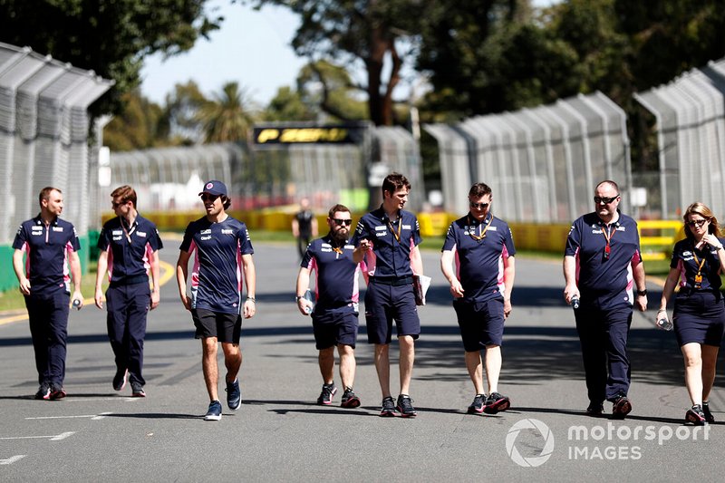 Lance Stroll, Racing Point on his track walk with members of the team