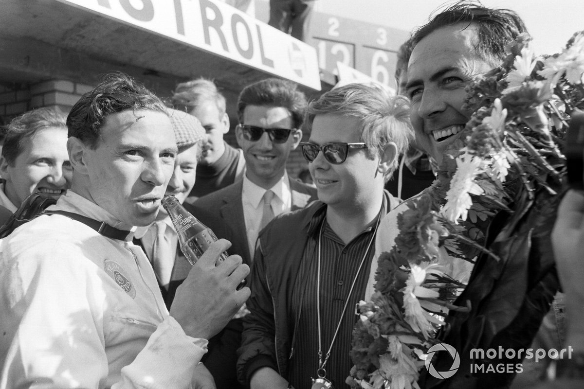 Race winner Jack Brabham, Brabham with Jim Clark, Lotus