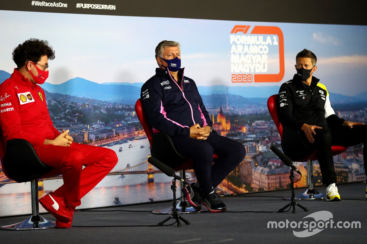 Mattia Binotto, Team Principal Ferrari, Otmar Szafnauer, Team Principal et PDG Racing Point, et Marcin Budkowski, directeur exécutif Renault F1 Team, lors de la conférence de presse des directeurs d'écuries