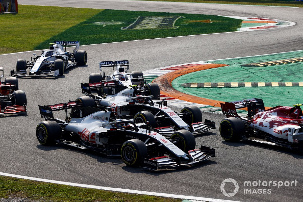 Romain Grosjean, Haas VF-20, Kevin Magnussen, Haas VF-20, George Russell, Williams FW43, Nicholas Latifi, Williams FW43, e Sebastian Vettel, Ferrari SF1000