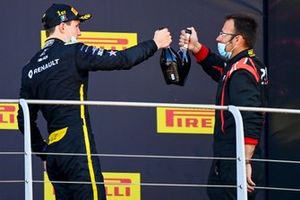 Christian Lundgaard, ART Grand Prix, 1st position, celebrates with his team mate on the podium