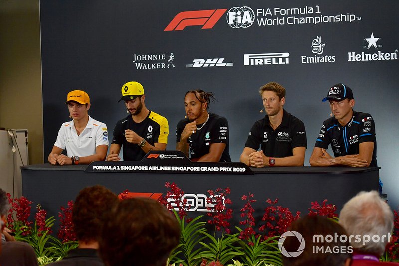 Lando Norris, McLaren, Daniel Ricciardo, Renault F1 Team, Lewis Hamilton, Mercedes AMG F1, Romain Grosjean, Haas F1 y Robert Kubica, Williams Racing en la rueda de prensa