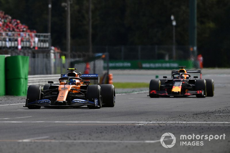 Lando Norris, McLaren MCL34, leads Max Verstappen, Red Bull Racing RB15