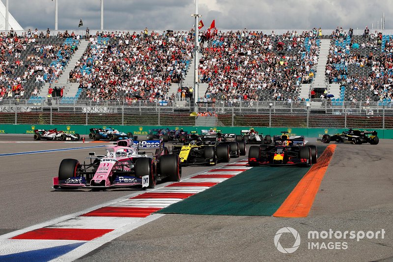 Sergio Perez, Racing Point RP19, leads as Daniel Ricciardo, Renault F1 Team R.S.19, collides with Antonio Giovinazzi, Alfa Romeo Racing C38, and Romain Grosjean, Haas F1 Team VF-19