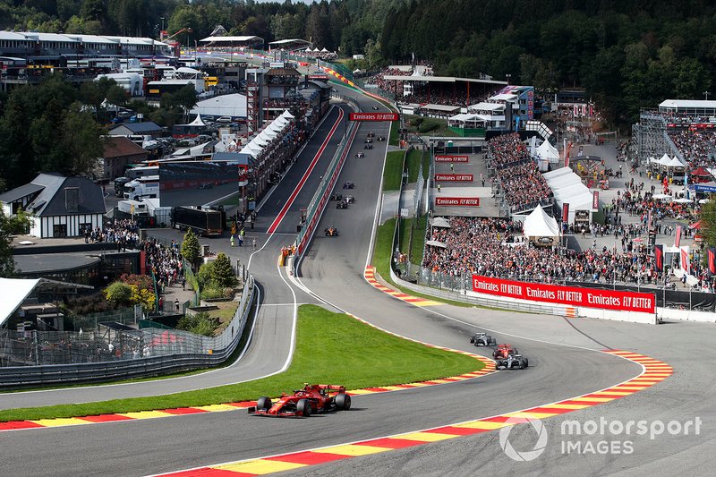 Charles Leclerc, Ferrari SF90, leads Lewis Hamilton, Mercedes AMG F1 W10 Sebastian Vettel, Ferrari SF90, and Valtteri Bottas, Mercedes AMG W10