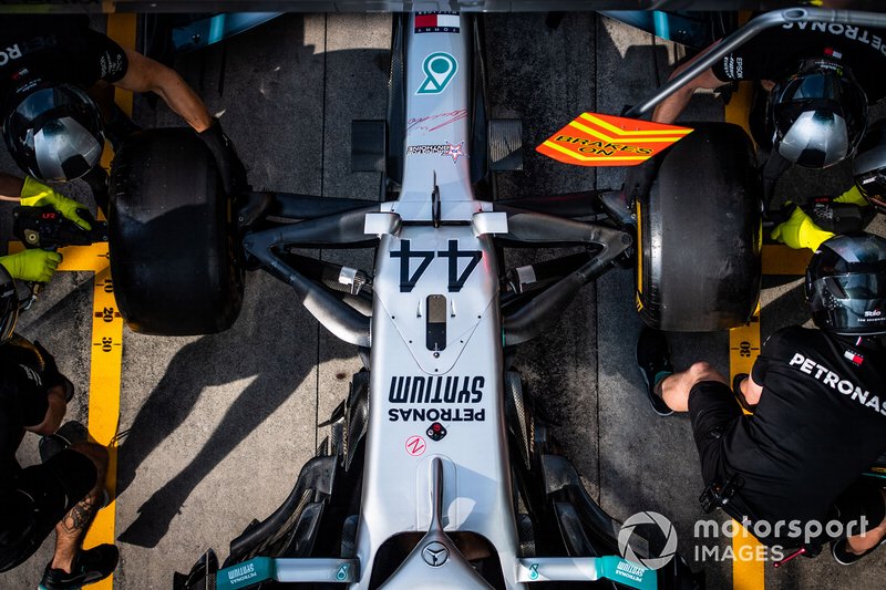 Mercedes AMG F1 pit stop practice with the Mercedes AMG F1 W10