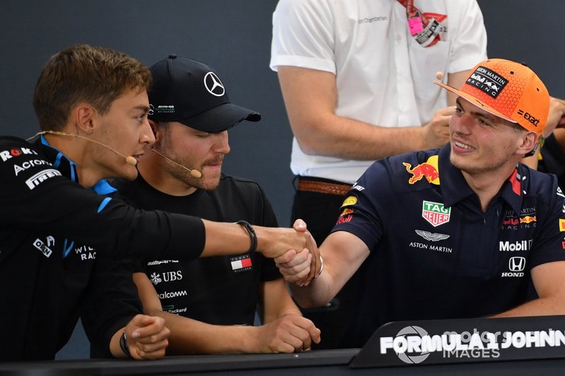 George Russell, Williams Racing, Valtteri Bottas, Mercedes AMG F1 and Max Verstappen, Red Bull Racing
