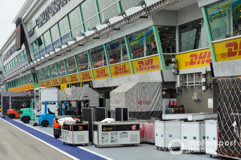 Freight belonging to the Haas team in the pit lane
