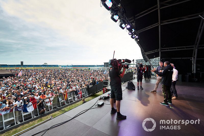 Lewis Hamilton, Mercedes AMG F1, on stage with Johnny Herbert, Sky Sports F1