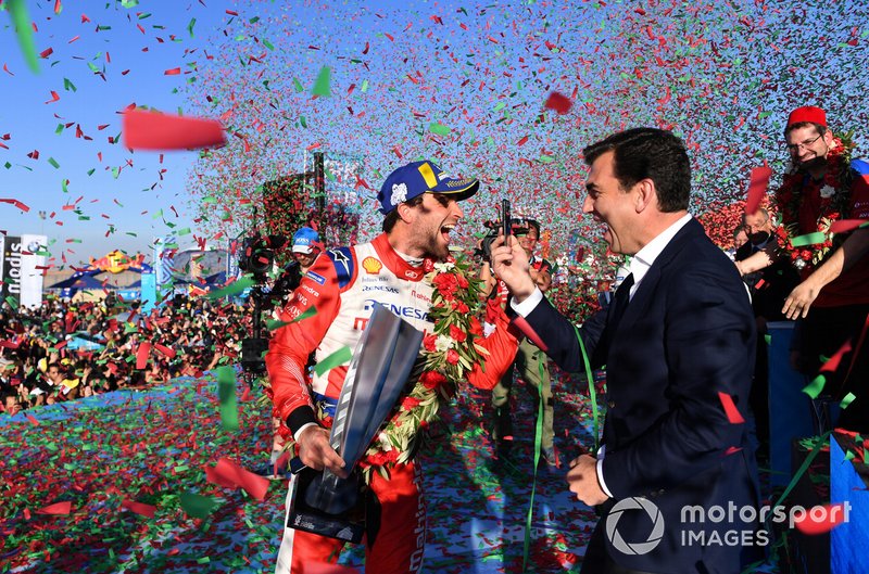 Jérôme d'Ambrosio, Mahindra Racing, 1st position, celebrates on the podium