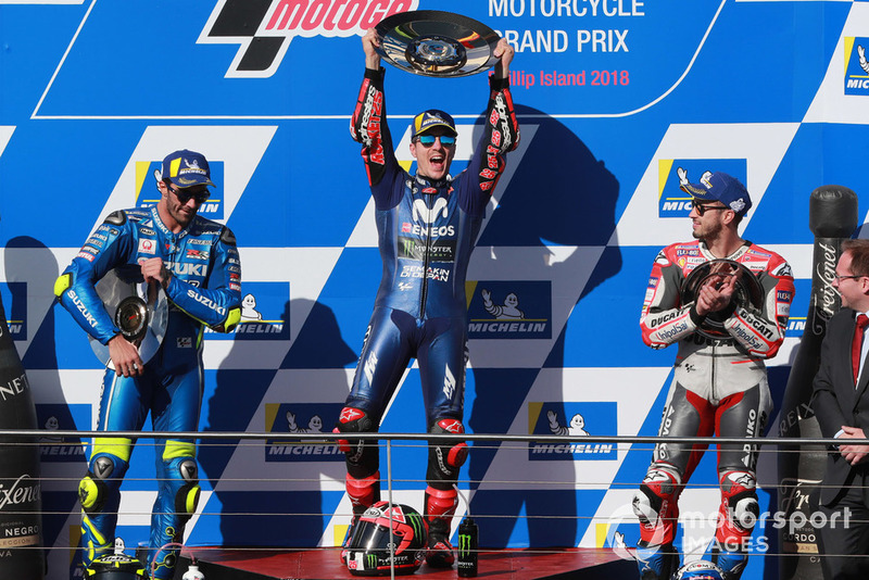 Podium: race winner Maverick Viñales, Yamaha Factory Racing, second place Andrea Iannone, Team Suzuki MotoGP, third place Andrea Dovizioso, Ducati Team