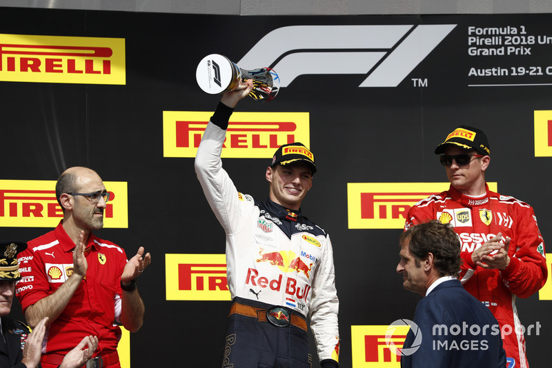 Carlos Santi, Race Engineer, Ferrari, Max Verstappen, Red Bull Racing, 2nd position, with his trophy, and Kimi Raikkonen, Ferrari, 1st position, on the podium