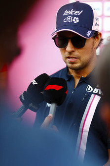 Sergio Perez, Force India, talks to the media