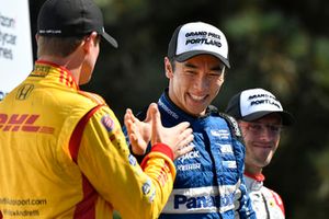 Takuma Sato, Rahal Letterman Lanigan Racing Honda celebrates the win on the podium with Ryan Hunter-Reay, Andretti Autosport Honda, Sebastien Bourdais, Dale Coyne Racing with Vasser-Sullivan Honda