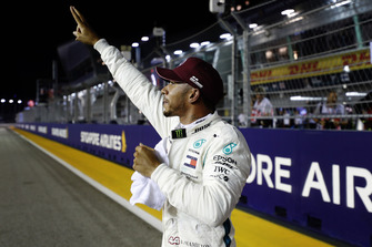 Lewis Hamilton, Mercedes AMG F1, celebrates after taking Pole Postion.