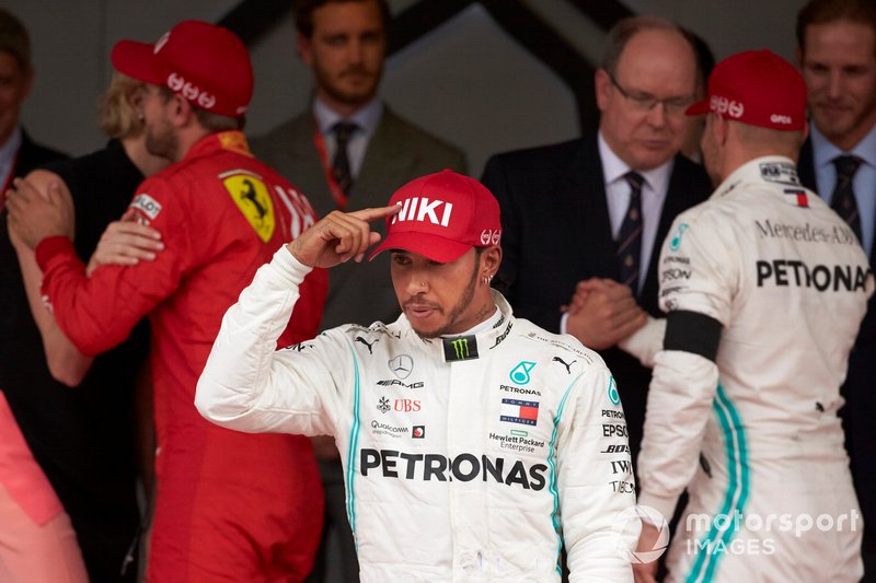 Lewis Hamilton, Mercedes AMG F1, 1st position, celebrates on the podium