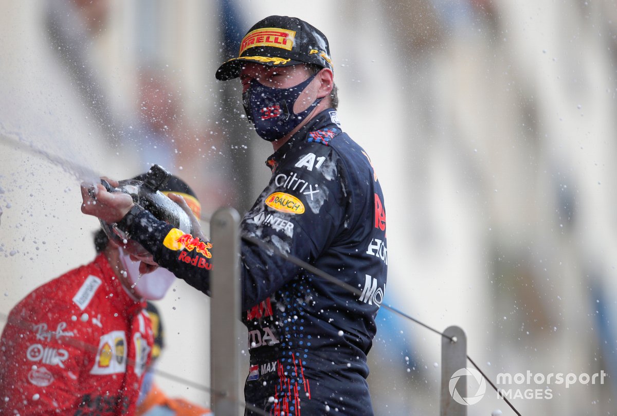 Max Verstappen, Red Bull Racing, 1st position, sprays the victory Champagne