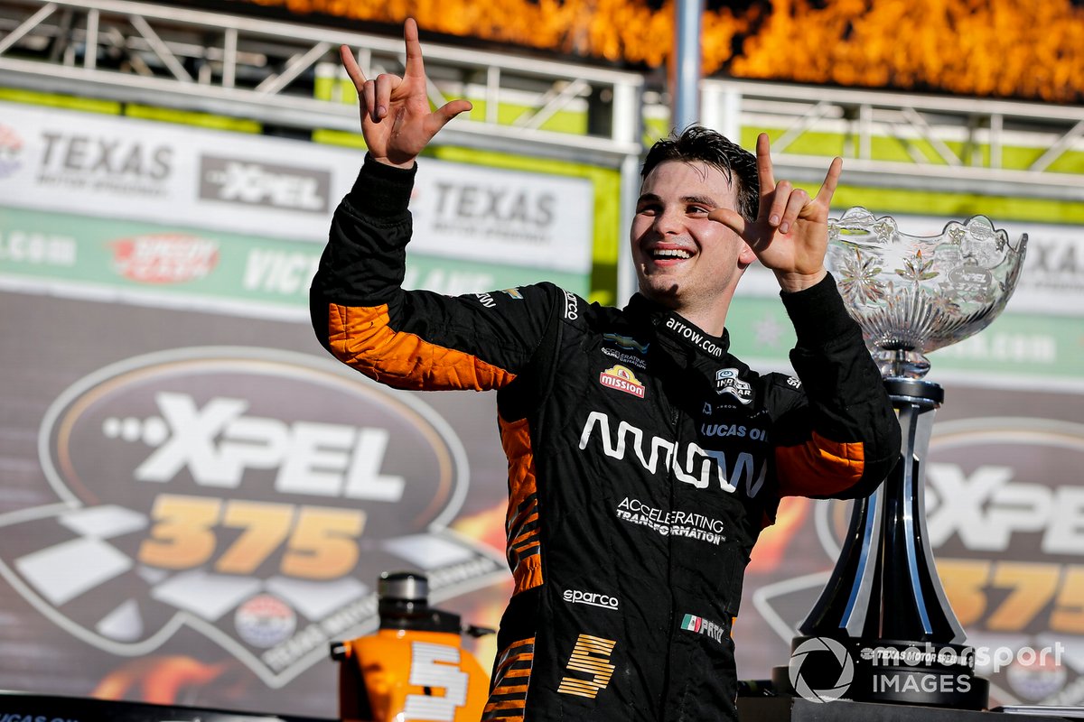 Patricio O'Ward, Arrow McLaren SP Chevrolet celebra la victoria en la XPEL 375
